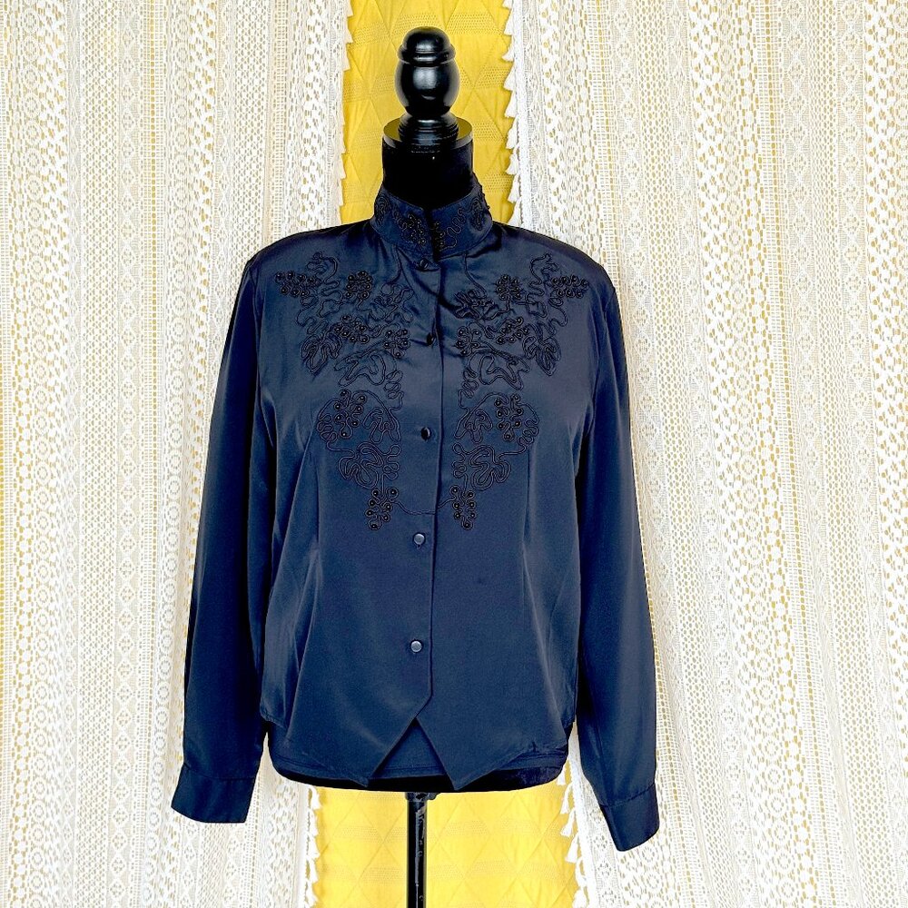 Vintage 90s Black High Collared Embellished Victorian Boho Style Blouse Size 12 - Picture 6 of 12